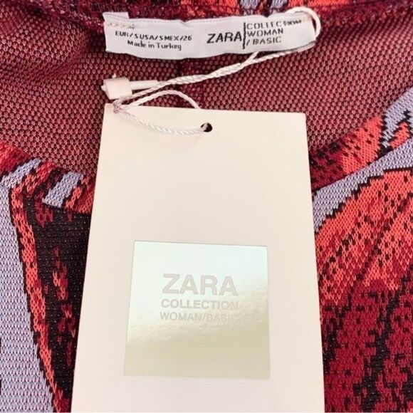 Zara Red Palm Leaf Print Jacquard Knit Dolman Sleeve Midi Dress NWT - Picture 5 of 8